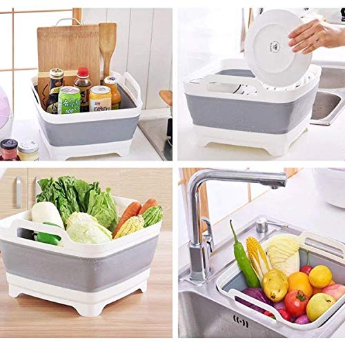 9L (2.4Gal) Dish Basin Collapsible with Drain Plug Carry Handles,Kitchen Storage Tray Dish Wash Basin, Portable Dish Tub, Foldable Dishpan for Camping,RV,Gray - color: Gray