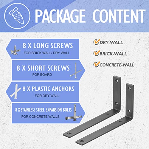 CLT Black Shelf Bracket, 8” X 4.3” Quarter Inch (1/4") Thick- Max Load: 440 lb Rustic Industrial Modern Farmhouse Heavy Duty Cold Rolled Steel Bracket for Table Bench, Space Saving DIY, Pack of 4 - size: 8 inches, style: Black L Bracket