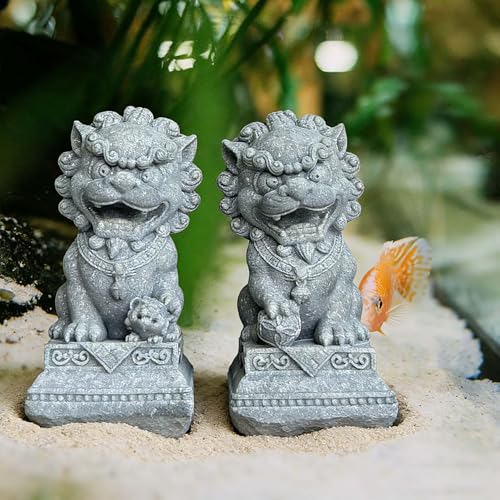 livelyfish Asian Fu Foo Dogs Statues Mini Pair of Two Guardian Lion Sandstone Figurine Pets Fish Tank Aquarium Landscape Ornaments Accessories Feng Shui Decorations (G) - size: G