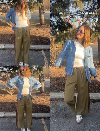 Hongsui Women's Wide Leg Pants Drawstring High Rise Side Striped Slouchy Palazzo Pants with Pockets - color: Armygreen, size: X-Small