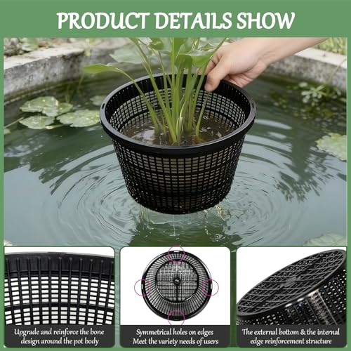 8.5-Inch Round Aquatic Plant Baskets - 6 Pack Durable Black Plastic Mesh Pond Containers for Live Aquarium Plants, Pond Planting & Hydroponic Pots