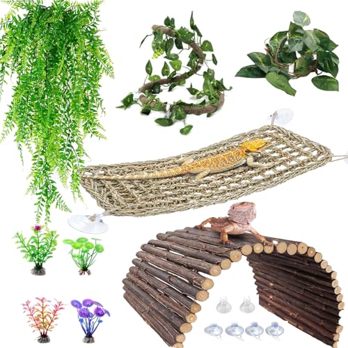 Bearded Dragon Tank Accessories, Reptile Mat Hammock Plants Bridge Jungle Climber Vines Terrarium Decorations for Leopard Gecko, Hermit Crab Lizard Snake (9 PCS Without Reptile Mat) - color: 9 Pcs Without Reptile Mat