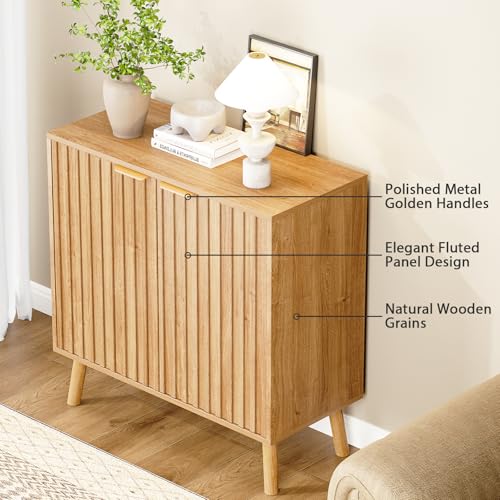 Set of 2 Fluted Storage Cabinet, Buffet Cabinet with Storage, Wood Sideboard with Adjustable Shelf, Modern Accent Cabinet & Console Table for Entryway, Living Room, Dining Room, Natural - color: Natural丨fluted Panel, size: 2 Pieces