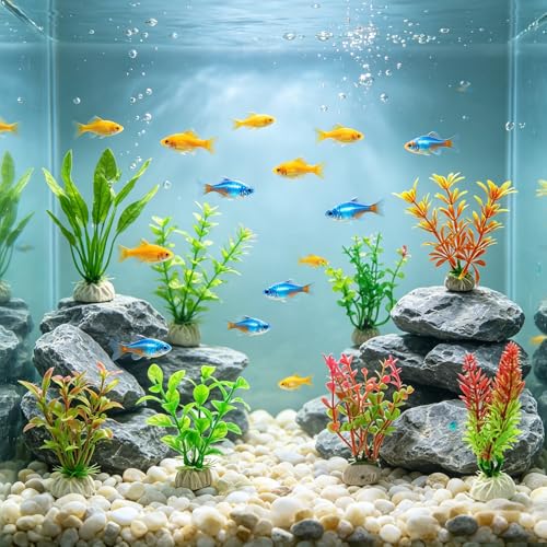 10Pcs Aquarium Artificial Plastic Plants, Colorful Fake Fish Tank Decorations with Ceramic Base, Realistic Aquarium Plants Suitable for Aquarium Landscape and Fish Hideout (Multi-Color) - color: Multi-color