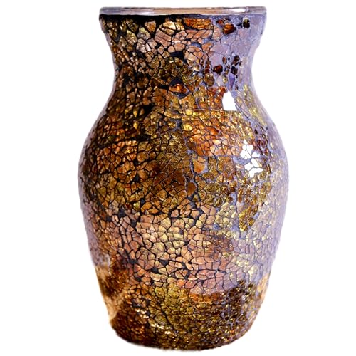 8" Amber Mosaic Vase with Gold Accents, Hand-Pasted Byzantine Glass Flower Vase, Vintage Decorative Centerpiece for Living Room, Foyer & Office - color: Amber Gold