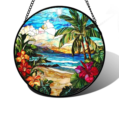 DASTOLL Stained Glass Window Hanging, Blue Beach Scenery Suncatcher Diamond Glass Panel Hangings Sun Catchers Decor for Birthday for Women, Men, Wife, Aunt, and Mom 9.8 in - color: Blue-green, size: 9.8x9.8 IN