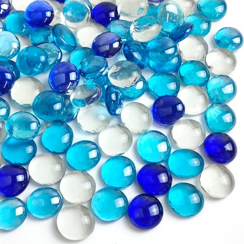 FANTIAN 1LB Flat Glass Marbles for Vase, 100 Pcs Mixed Blue Color Glass Pebbles. Glass Rocks for Vase Fillers Fish Tank Crafts Plant Pot Candle Bird Fountains and Wedding Decor - color: Mixed Blue, size: 1 Pound