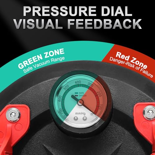 DEWINNER 8" Glass Suction Cups with Pressure Gauge - 662 lbs Load Capacity - Industrial Vacuum Lifter for Large Glass, Tile, Granite, Windows, and Windshields - Includes Carrying Case - 2 Pack - color: Red With Pressure Gauge