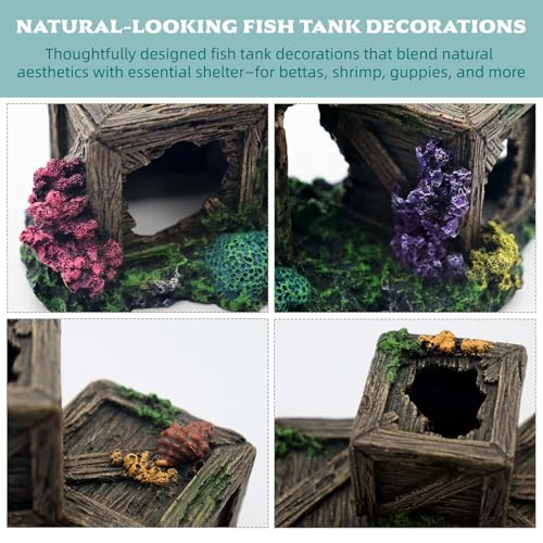 Fish Tank Decorations Hideout for Betta, Shrimp & Guppies – Two-Level Wooden Crate with Realistic Coral, Sponge & Seaweed, Stable Rock Base, Aquarium-Safe Resin - 8.5x4.3x4.9 Inch