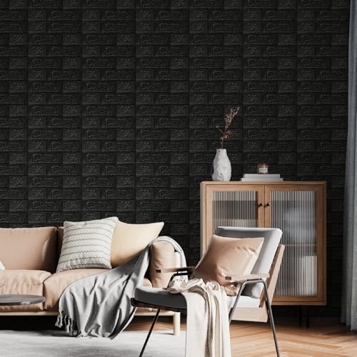 10 Pack 3D Wall Panels Peel and Stick, Waterproof Foam Stone 3D Wallpaper, Self Adhesive Foam Wallpaper for Bedroom Bathroom Kitchen (13.7 * 15.1in) - color: Black, size: 10 Pack