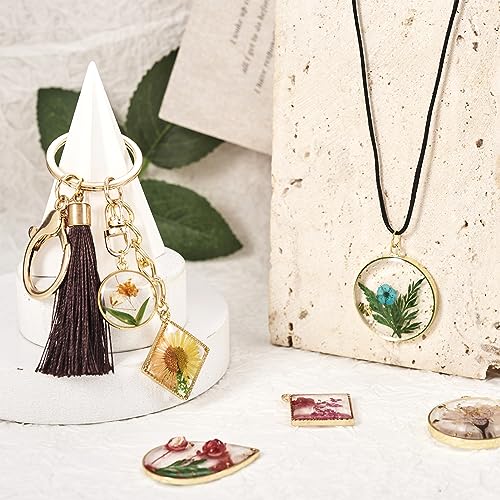 Transparent Flower Resin Charms Round Gold Edge Dried Floral Pendants Flat Round Clear Gold Foil Floral Charms for Necklace Bookmark Keychain Jewelry Making - color: 12Styles-12pcs