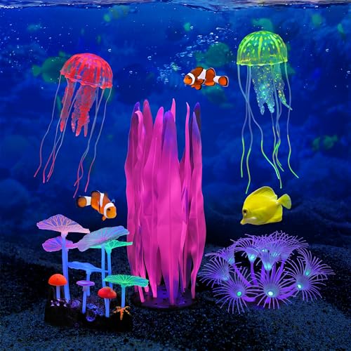 Lpraer 5 Pack Glow Aquarium Decorations Kelp Coral Mushroom Sun Flower Jellyfish Simulation Glow Plant Glowing Effect Silicone for Fish Tank Decorations - color: 5 Pcs(kelp+mushrooms+sun Flower+2x Jellyfish)