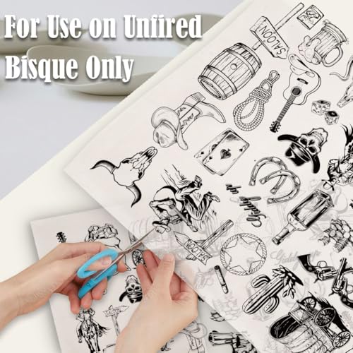 SUPERDANT 4PCS Western Style Underglaze Paper Transfer Cowboy Cactus Transfer Paper for Clay Ceramic Porcelain Under Glaze Transfers for Pottery Enamel Decals Black Underglaze Decal Papers - style: Western Cowboy