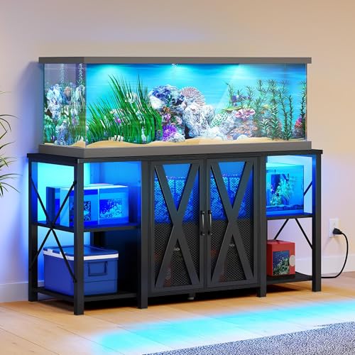 YITAHOME 90-120 Gallon Reptile Tank Stand with Power Outlet & LED Light, Heavy Duty Aquarium Stand w Accessories Storage Cabinet - Metal Fish Tank Stand for Turtle, Reptile, 2000LBS Capacity, Black - color: Black, size: 120 Gallon