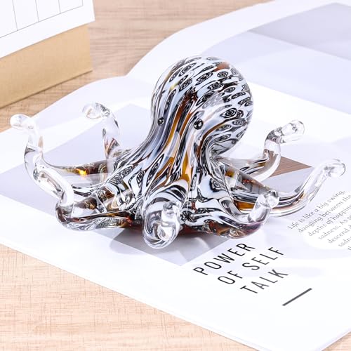 Glass Octopus Statue Home Decor, Hand Blown Glass Decor Ocean Figurines Octopus Sculpture, Murano Art Office Desk Paperweights Fish Tank Aquarium Sea Animals Christmas Birthday Gift (Black)