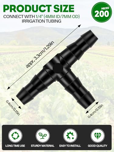 Kalolary 200PCS 1/4" Universal Barbed Tee Fittings, 1/4 Inch Barbed Tee Connectors Drip Irrigation Fittings for 4mm/7mm Water Tube Parts Drip Irrigation Hose Connector Watering System Part - size: 200 Count - 3.50 × 2.00 × 0.4 cm