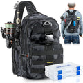 PLUSINNO Fishing Backpack, Fishing gear,Tackle Bag, Water-Resistant Bag with Rod Holder, Ideal Gifts for Men - color: Black Bag With 2 Boxes (No Rod)