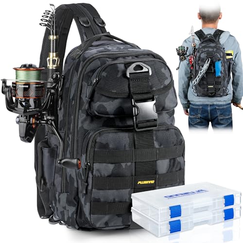PLUSINNO Fishing Backpack, Fishing gear,Tackle Bag, Water-Resistant Bag with Rod Holder, Ideal Gifts for Men - color: Black Bag With 2 Boxes (No Rod)
