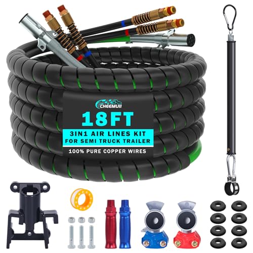 CheeMuii 18FT Semi Truck Air Line Kit with Gladhands Handles Air Line Holder and Springs Kit 7 Way Trailer Cord and 3-in-1 Air Brake Hoses for Semi Truck Trailer Tractor - size: 18FT-Black