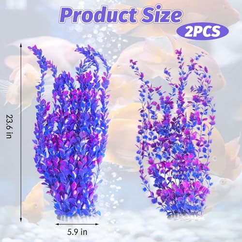 Hamiledyi Aquarium Plastic Plants Aquarium Decor Artificial Fish Tank Plants,Tall Fish Tank Decorations, Extra Large Aquarium Plant 23.6-inch Tall,2PCS（Purple Style A） - color: Purple（style A）