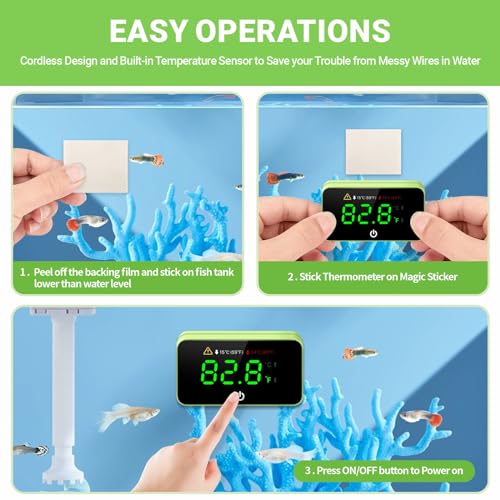 Digital Aquarium Thermometer, Stick-on Fish Tank Thermometer with LED Display, Wireless Aquarium Temperature Measurement with Battery-Change Tool and Extra Sticker.(Green*2) - color: Green-2 Pack