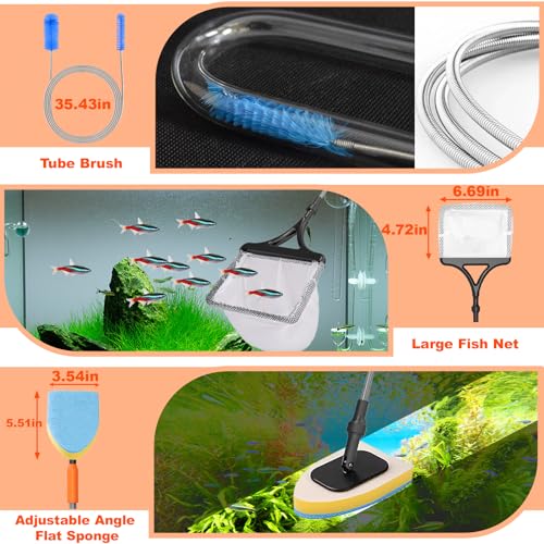 SEAOURA 7-in-1 Aquarium Cleaning Tool, Fish Tank Cleaner with Telescopic Handle,Aquariums Scraper,Adjustable Angle Brush,Gravel Rake,Plant Fork, Flat Sponge,Large Fishes Net,Hose Brushes