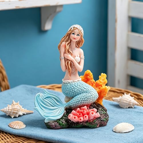 Rayberro 5.91" Mermaid Figurine Resin Mermaid Sculpture Mediterranean Princess Statue Home Office Desktop Ornaments Bookshelf Decor Mermaid Collectible Crafts Fish Tank Aquarium Decoration - color: Blue Sitting2