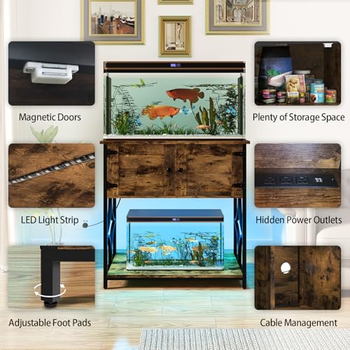 20-29 Gallon Fish Tank Stand with Power Outlets & LED Light | 330LBS Capacity, 30.7" L*15.7" W Tabletop, Cable Management, 20 Gallon Aquarium Stand with Storage for Turtle Tank, Brown - color: Brown