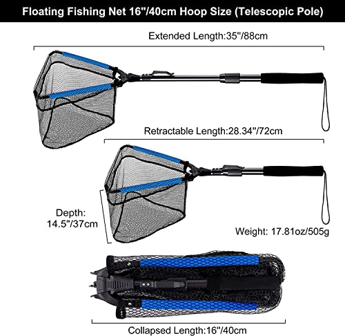 PLUSINNO Fishing Net Fish Floating Landing Net, Kayak Nets with Fixed Foldable Telescopic Pole Handle, Bass Trout Fishing Nets with Nylon Mesh for Pond Lake River, Fishing Gear Gifts for Men Anglers - color: Floating Net,Telescopic Handle/35Full, size: 0.