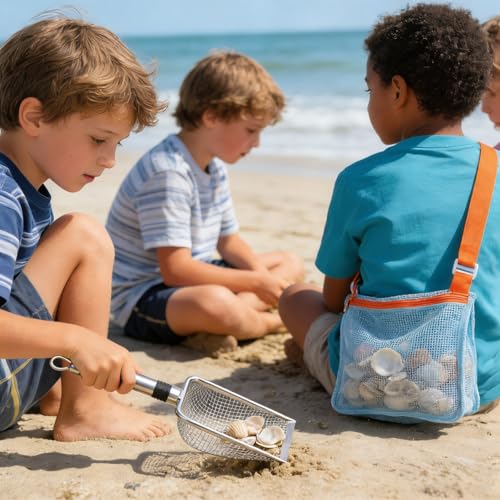 Beach Mesh Shovel & Sifter with Bag - Stainless Steel Sand Filter Scooper for Shark Tooth, Shell & Fossil Hunting, Beachcombing Tool with Mesh Collection Bag
