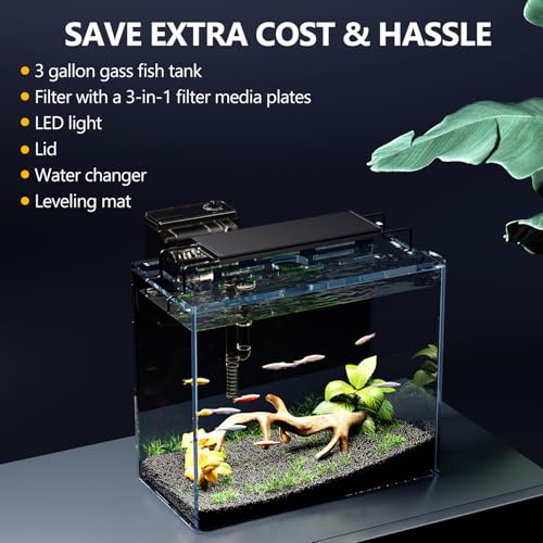 3 Gallon Fish Tank Aquarium Kit with HOB Filter, LED Light with Timer, Lid, Siphon Vacuum Cleaner, Self Cleaning Glass Rimless Betta Tank - size: 3 Gallon