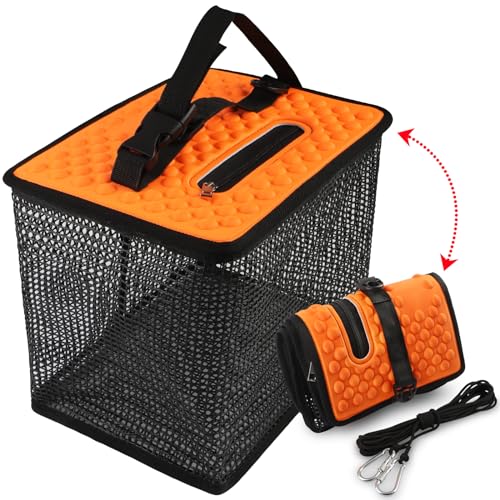 Dovesun Floating Fishing Basket, Collapsible Fish Basket Portable Fishing Net Quick-Drying Rubber Coated Fishing Bait Storage Cage 3.5-10 Gallons - color: Oragne-11*8.5*9in, size: 3.5Gallons