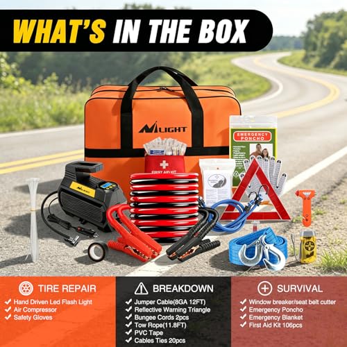 Nilight Car Emergency Kit with Jumper Cable, First Aid Kit Safety Assistance Tools for Travel Camping Outdoor Cars Truck SUV RV, Roadside Essentials with Flash Light - color: Essential Kit+Digital Air Compressor
