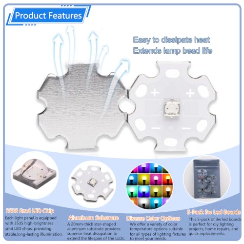 5Pcs 3W 450nm Blue 3535 SMD High Power LED Chip with Aluminum Plate 20mm Star PCB Base Heat Sink for DIY Lighting Fixtures(120deg,Blue 450nm-455nm,DC 3.0-3.2V,700mA) - color: Blue450-455nm