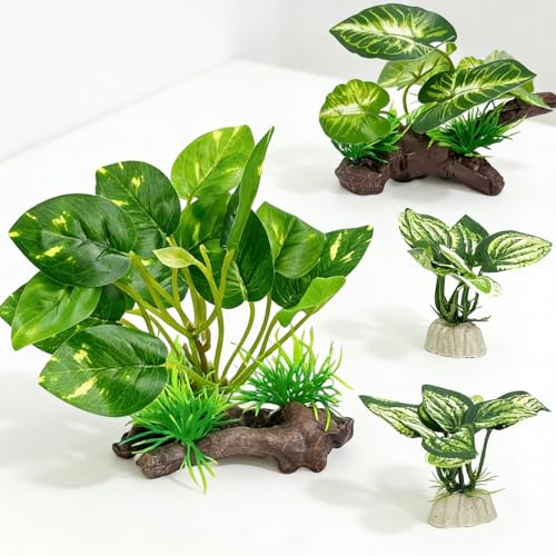 Silk Aquarium Plants Decor, 4PCS Realistic Fish Tank Plants Set with 1 Large 1 Medium 2 Small Artificial Underwater Weeds, Soft Betta Fish Tank Decorations for Aquascaping & Reptile Habitat