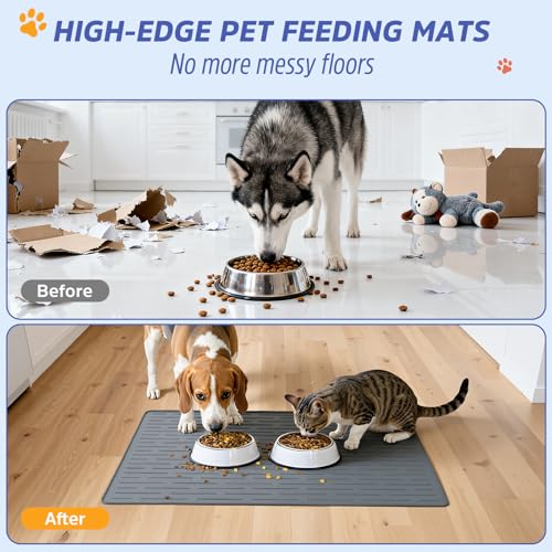 Large Dog Mats for Food and Water, 32"x24" Waterproof Pet Food Mats for Floor Nonslip Silicone Bowl Mats with Raised Edges - color: Gray, size: 32"L x 24"W