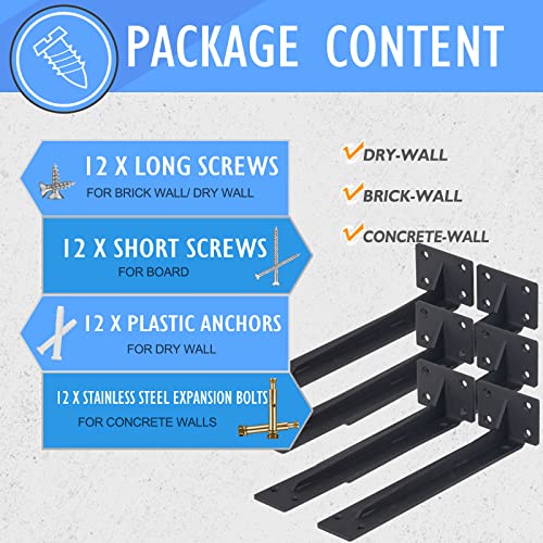 CLT Shelf Bracket( Black) , 8” Quarter Inch (1/5") Thick- Max Load: 220 lb Rustic Industrial Modern Farmhouse Heavy Duty Corner Brace Joint Right Angle Bracket for DIY Table Bench, Pack of 6 - size: 8 inches, style: Black S Gusset