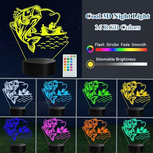 Fishing Night Light, Fishing Gifts, 3D Illusion Lamp with Remote Control, 16 RGB Colors, 4 Flashing Modes, Timer, Dimmable, Men Boy Room Decoration for Father's Day Holiday Birthday Christmas - color: Color 5