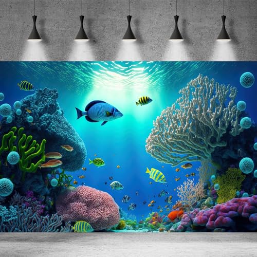Underwater Aquarium Background Tropical Coral Reef and Exotic Fishes Terrarium Background Deep Blue Ocean Sea with Sunbeams Natural Seascape Fish Tank Backdrop Poster Decorations Vinyl 24x12in - color: Ultramarine, size: 24(W)x12(H)in