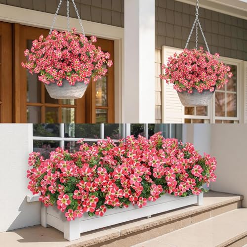 VIERENA 12 Bundles Artificial Flowers and Eucalyptus for Outside, Sun Resistant Silk Fake Morning Glory with Faux Eucalyptus Plants for Garden Porch Farmhouse Home Spring Summer Decor (Rose Red) - color: Rose Red