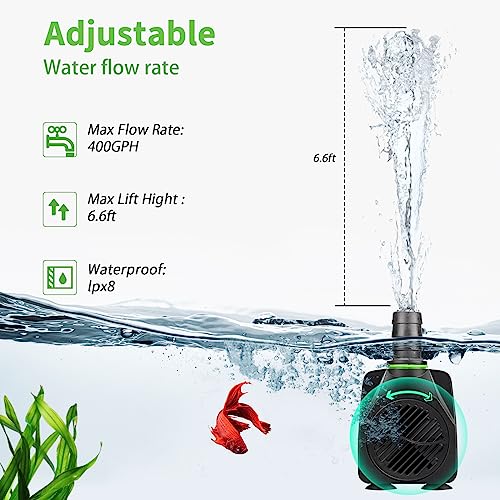 Submersible Aquarium Fountain Pump: 400GPH 25W Adjustable Ultra Quiet Small Fish Tank Water Pump with 5ft Tubing for Outdoor | Pond | Hydroponic | Waterfall - size: 25W/400GPH