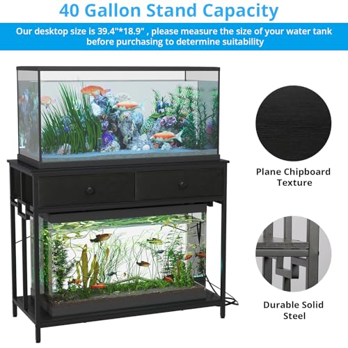 VOWNER 40 Gallon Aquarium Stand with Power Outlet, Metal Frame Fish Tank Stand with Cabinet Storage, Double Turtle Reptile Terrariums Tank Stand, 39.4" L*18.9" W Tabletop, 660LBS Capacity, Black - color: Black