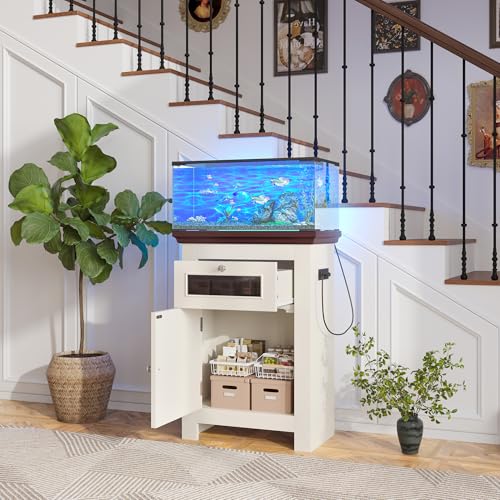 10-15 Gallon Aquarium Stand With Power Outlets, Farmhouse Fish Tank Stand, Reptile and Terrarium Stand with Drawer and Cabinet Storage, Sturdy Heavy Duty 20.4" 12",White - color: Beige brown 20.55" L