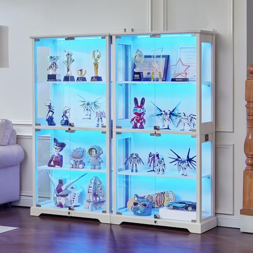 LELELINKY Farmhouse Glass Display Cabinet Set of 2 with Doors, Wooden Curio Cabinet for Collectibles with 3-Color LED Motion-Sensor Light & Reinforced Base, White - color: White, size: Set of 2