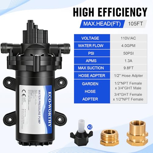 ECO-WORTHY 33-Series Industrial Water Pressure Pump 110V AC 4.0GPM 50PSI RV Fresh Water Diaphragm Pump include Garden Hose Adapters for Irrigation Marine Boat Sprinkler Faucet - size: 4.0GPM-50PSI-110V-Garden Hose Adapters