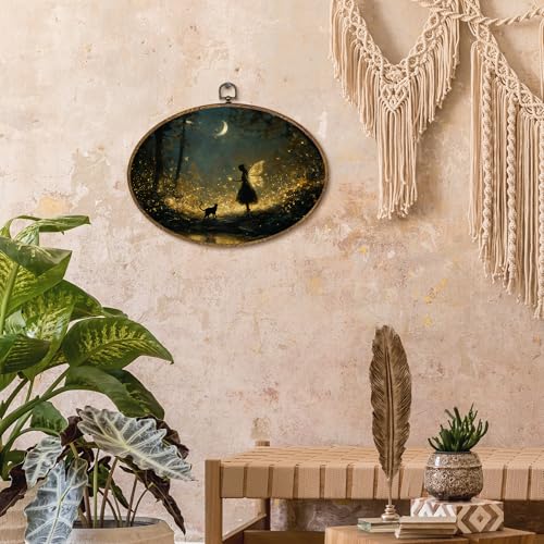 kdqua Enchanted Forest Fairy Oval Wall Art Decor, Dark Academia Cottagecore Canvas Artwork Framed, Moody Magical Fairy with Cat Wall Hanging Decorations for Home Bedroom Living Room, 11.4x8.6 Inch - color: Fairy2-oval, size: 11.4"L x 8.6"W
