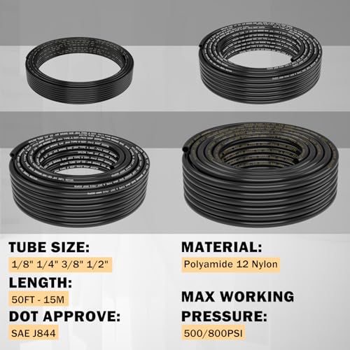 CheeMuii 124 PCS Brass DOT Air Line Fittings with 4 Roll 50FT 1/8" 1/4" 3/8" 1/2" DOT Air Lines Kit Push Lock Air Fitting Quick Connect Air Fittings with Air Hose Pneumatic Tubing - size: 50FT-4ROLL-124PCS