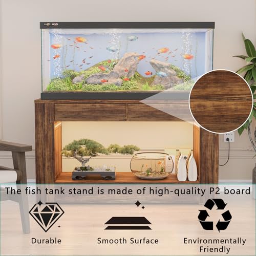 55–75/90 Gallon Aquarium Stand,Heavy-Duty 48" Turtle Reptile Fish Tank Stand With Storage Drawers, Reinforced Metal Frame, LED Lighting, Power Outlets (Rustic Brown) - color: Rustic Brown