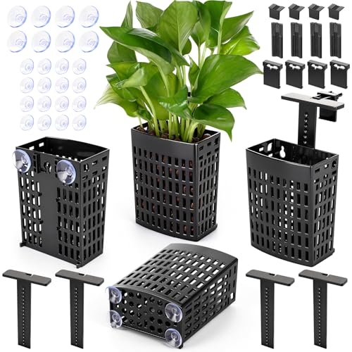 2026 Latest Upgraded Aquarium Plant Holder Adjustable Height with Extendable Hook and Suction Cup for Fish Tank Aquaponic Plant Cultivation and Aquascape Accessories Decorations (4 Pack) - color: Black-4 Pack