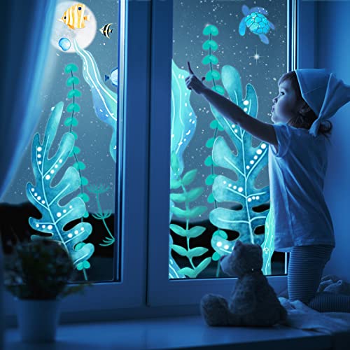 Tenare 5 Sheets Glow in The Dark Ocean Sea Turtle Wall Decals Stickers Under The Sea Stickers Seaweed Grass Jellyfish Fish Removable Vinyl Decal for Bedroom Bathroom Baby Nursery Room Wall Decor(Blue) - style: Glow Style